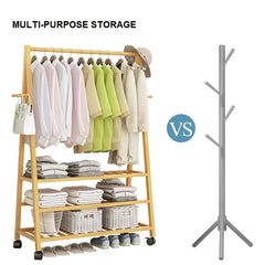 Rail Bamboo Clothes Rack Garment Hanging Stand 3 Tier Storage Shelves Closet 80cm