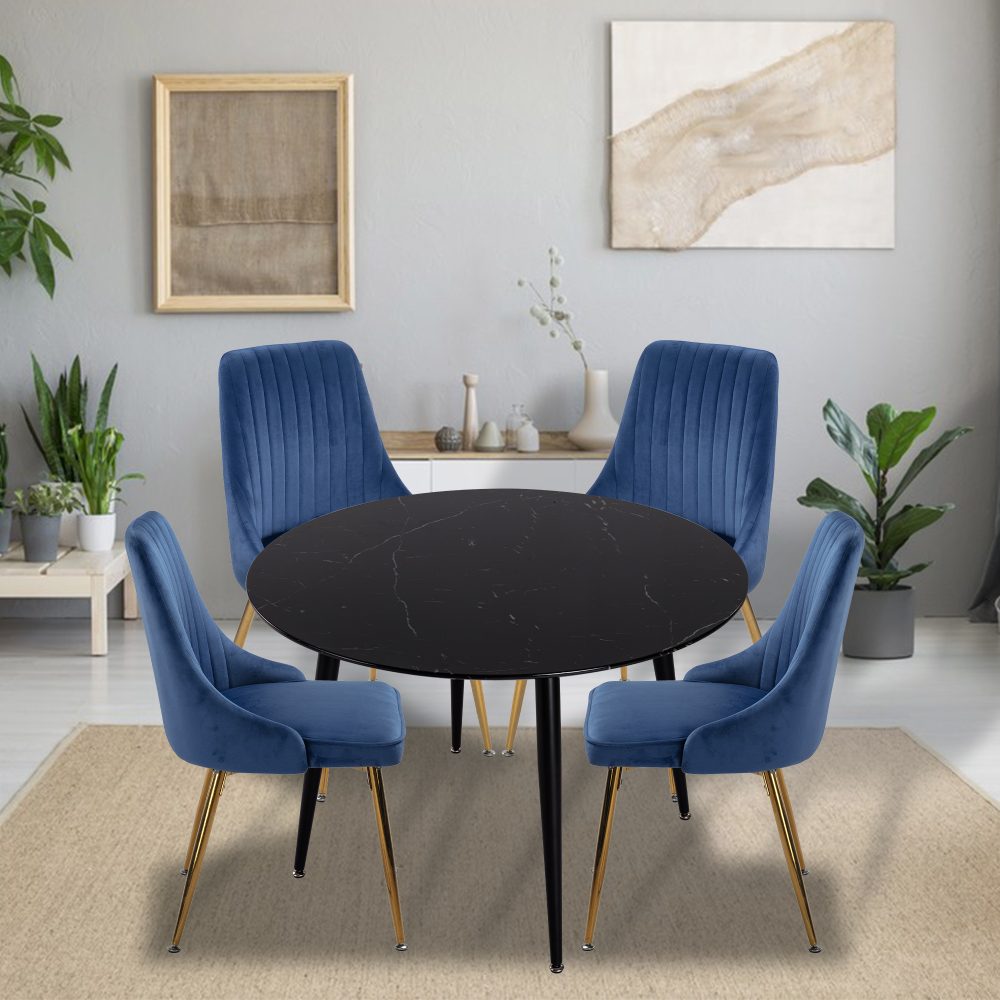 Viva Forever Set of 2 Blue Velvet Dining Chairs – Art Deco Design with Gold Metal Legs