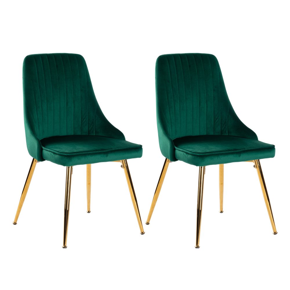 Viva Forever Set of 2 Green Velvet Dining Chairs – Art Deco Design with Gold Metal Legs