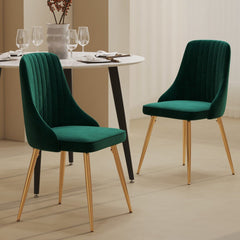 Viva Forever Set of 2 Green Velvet Dining Chairs – Art Deco Design with Gold Metal Legs