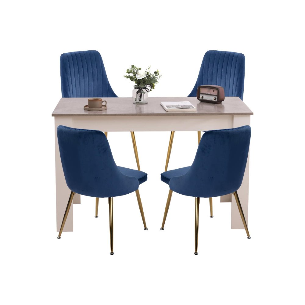 Grey Rectangular Dining Table with 4x Blue Velvet Chairs