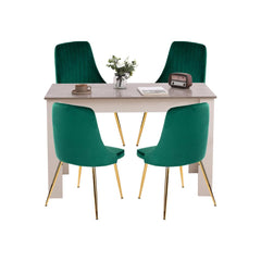 Grey Rectangular Dining Table with 4x Green Velvet Chairs