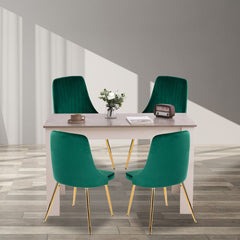 Grey Rectangular Dining Table with 4x Green Velvet Chairs