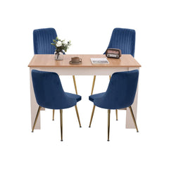 Natural Rectangular Dining Table with 4x Blue Velvet Chairs