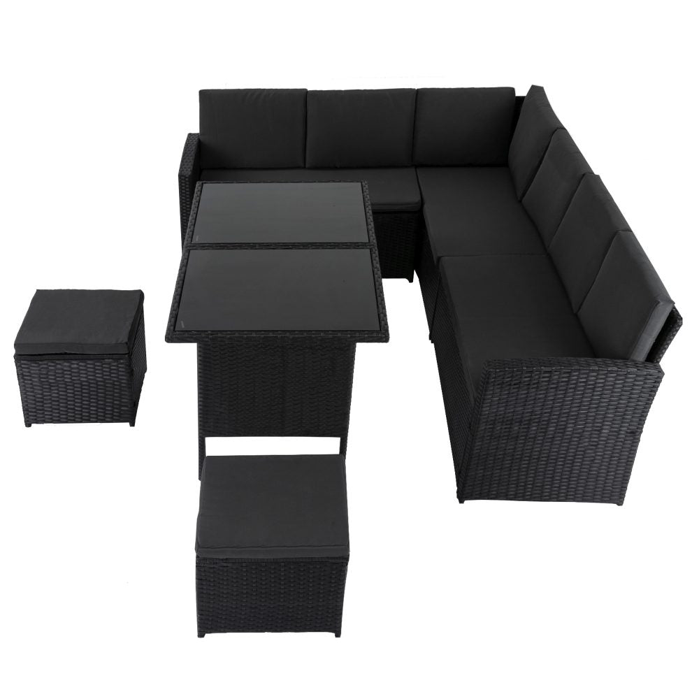 Ella 8-Seater Modular Outdoor Garden Lounge and Dining Set with Table and Stools in Black