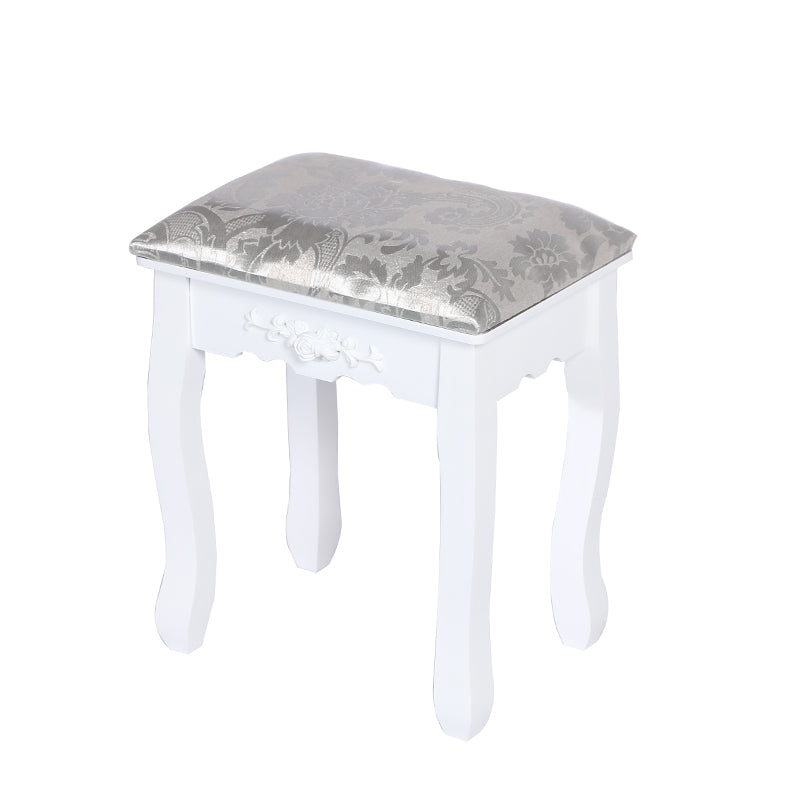 Carved Dressing Vanity Table Set with Mirror &#038; Stool- White