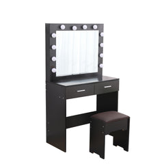 Fidel Vanity Set with Cushioned Stool and Lighted Mirror- Black