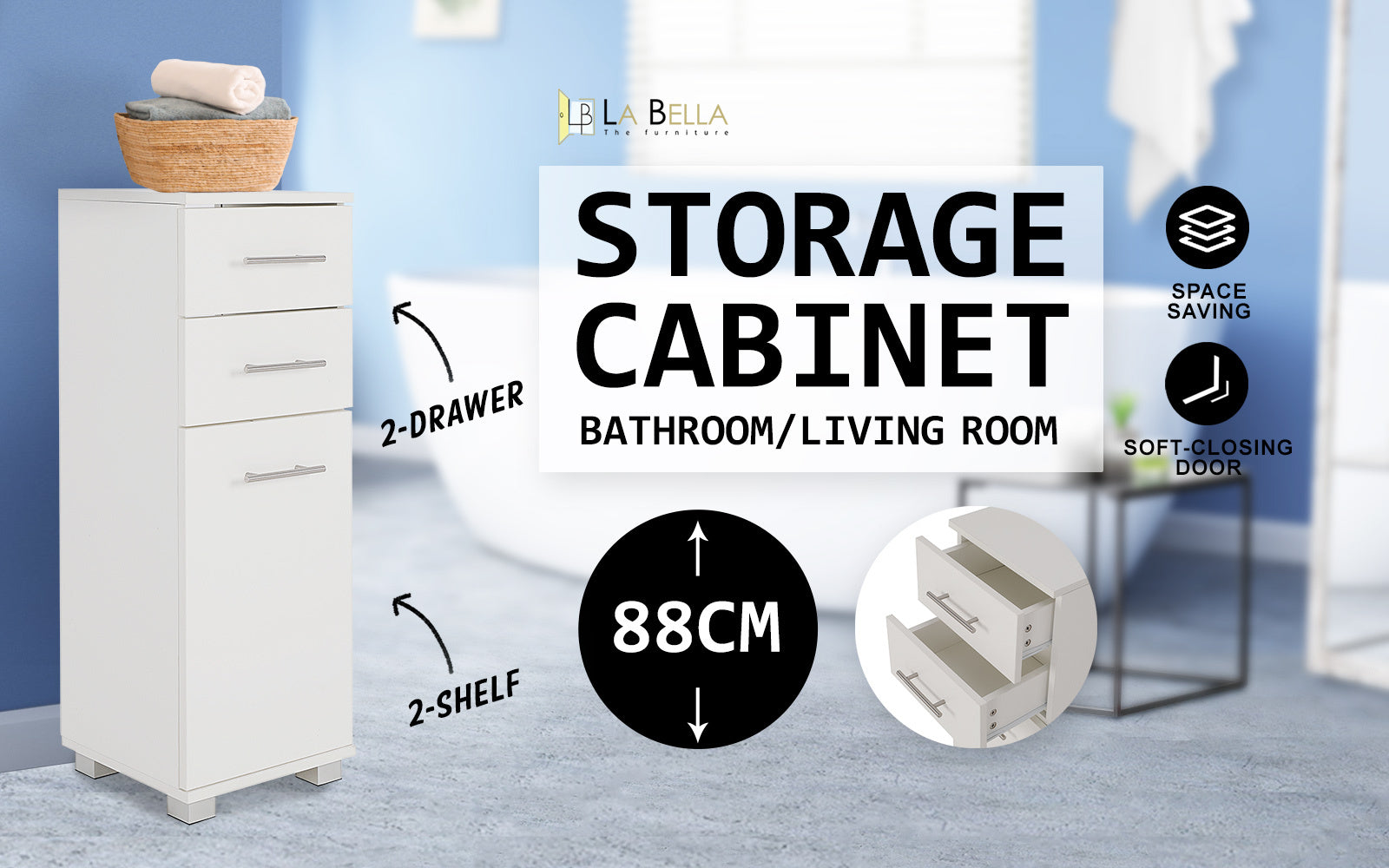 La Bella 88cm White Bathroom Storage Cabinet Drawer Tall Slim