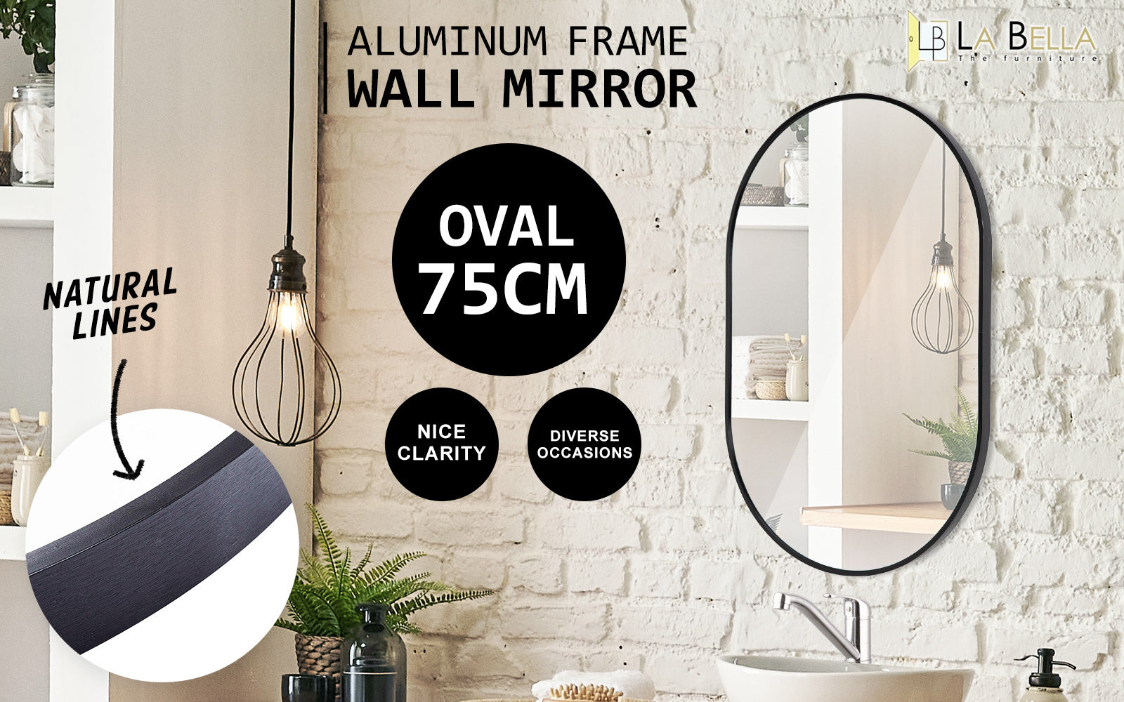 La Bella Black Wall Mirror Oval Aluminum Frame Makeup Decor Bathroom Vanity 50 x 75cm