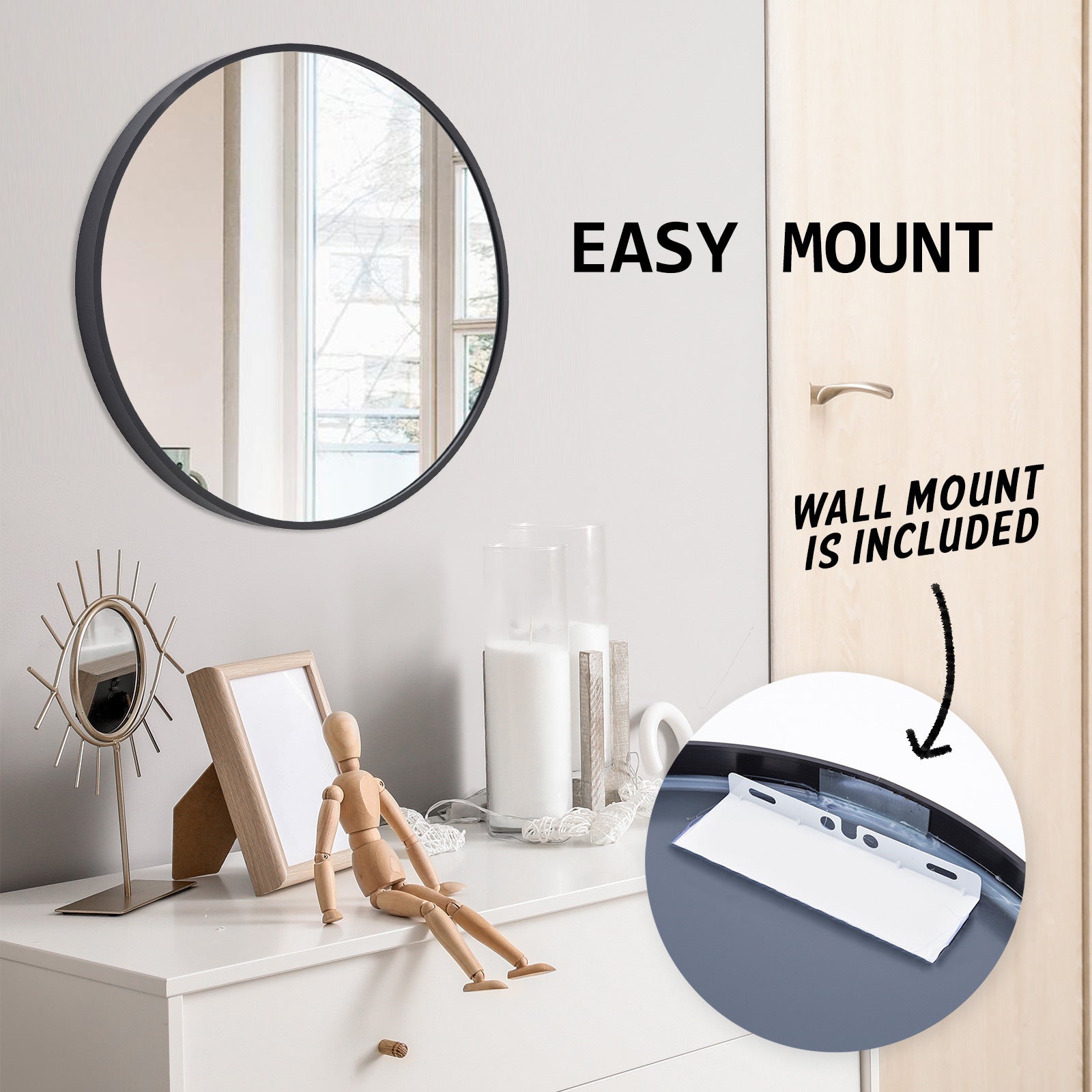 La Bella Black Wall Mirror Round Aluminum Frame Makeup Decor Bathroom Vanity 60cm