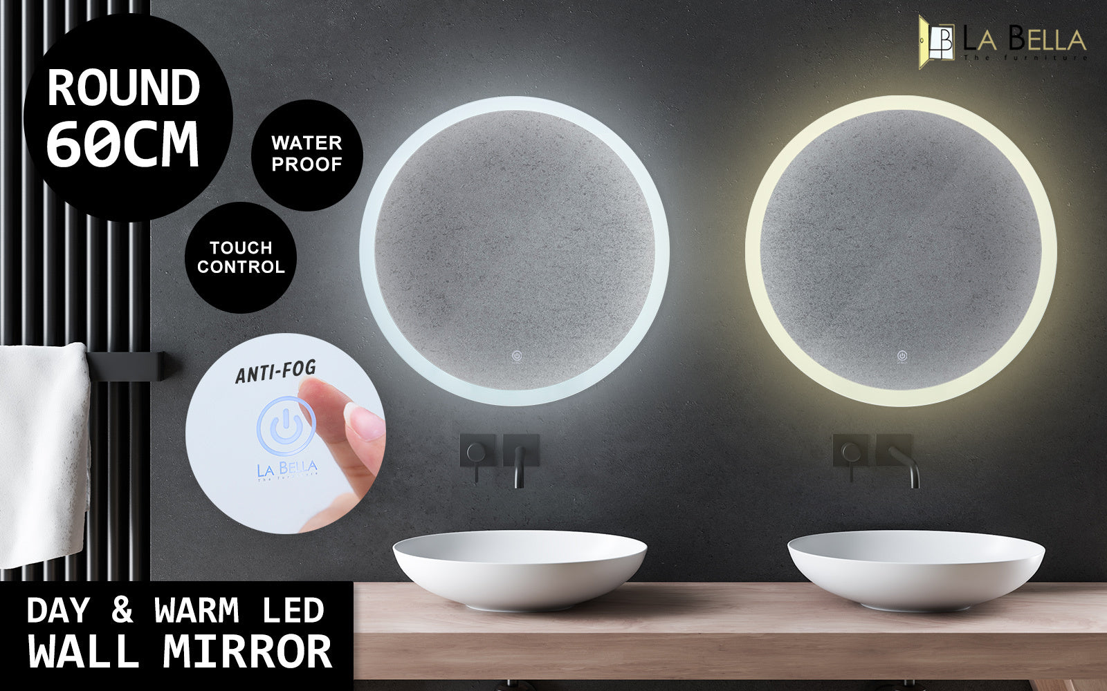 La Bella LED Wall Mirror Round Touch Anti-Fog Makeup Decor Bathroom Vanity 60cm