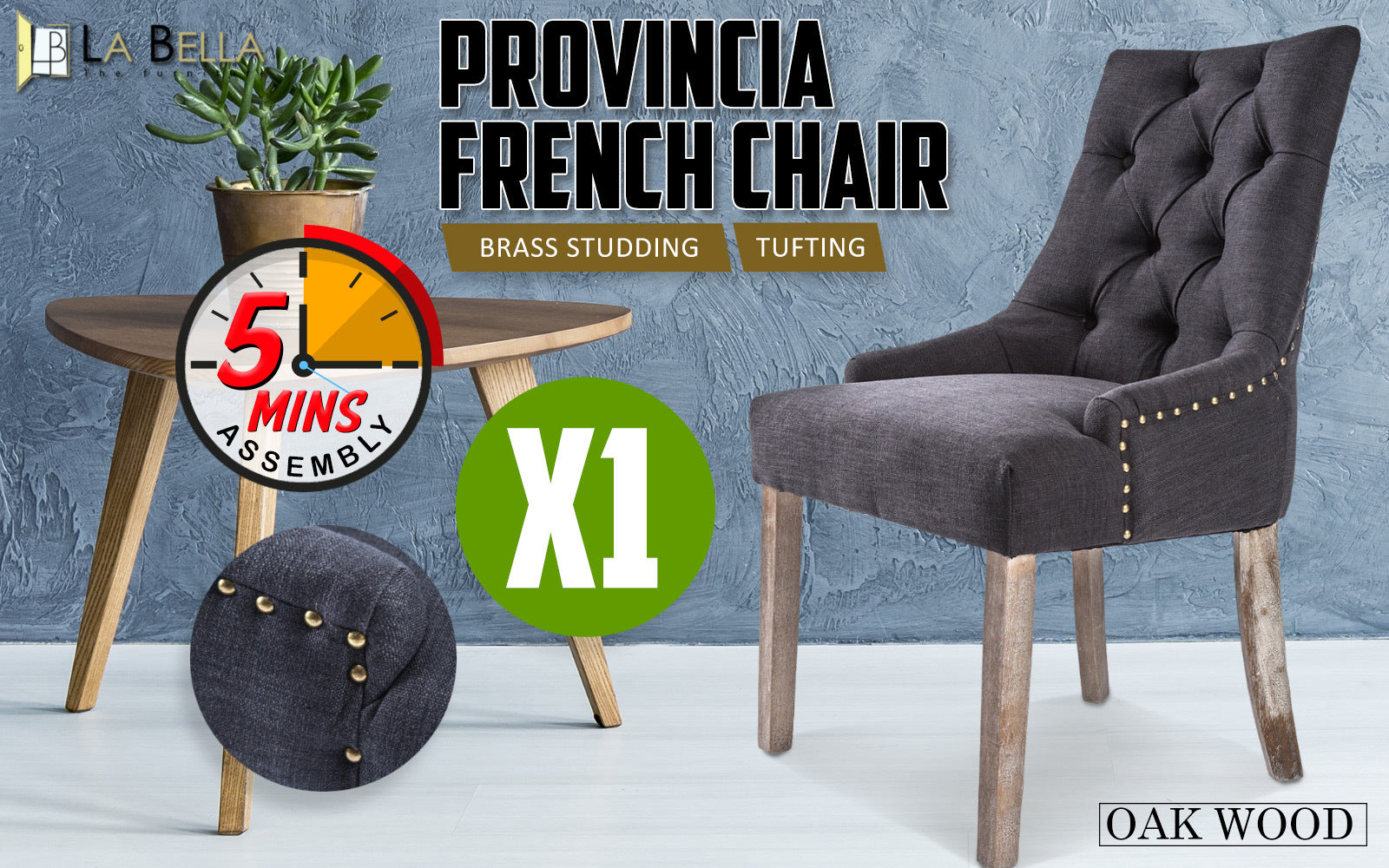 La Bella Black (Charcoal) French Provincial Dining Chair Amour Oak Leg