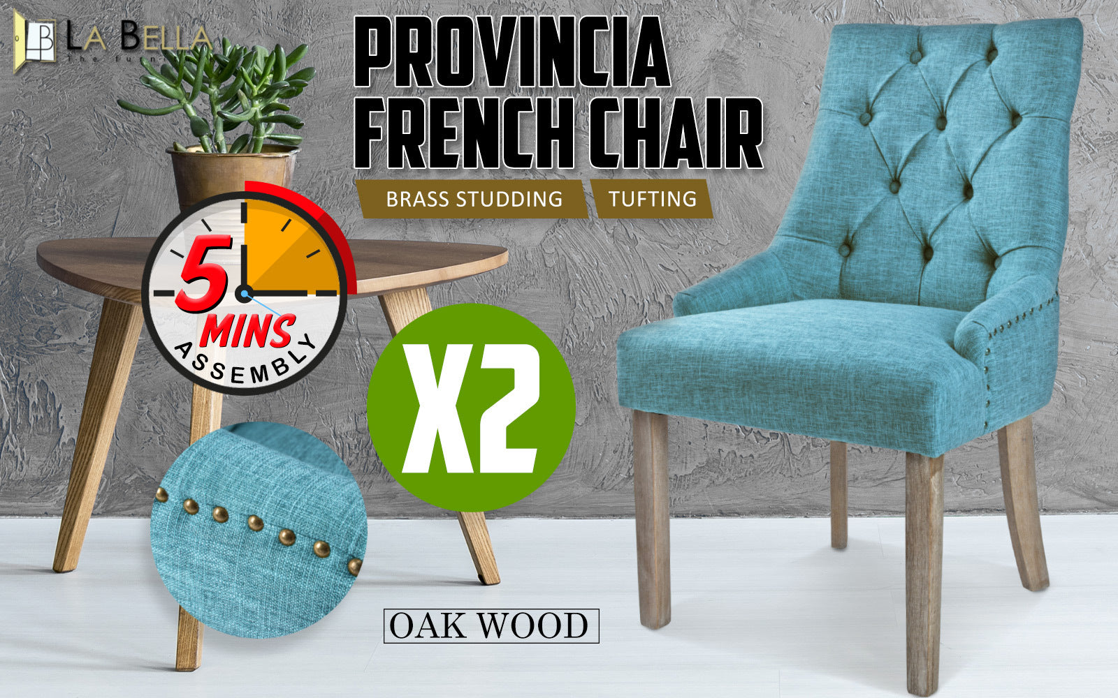 La Bella 2 Set Blue French Provincial Dining Chair Amour Oak Leg