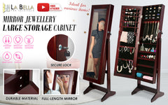 La Bella 146cm Walnut Mirror Jewellery Cabinet Storage Organiser LUVO