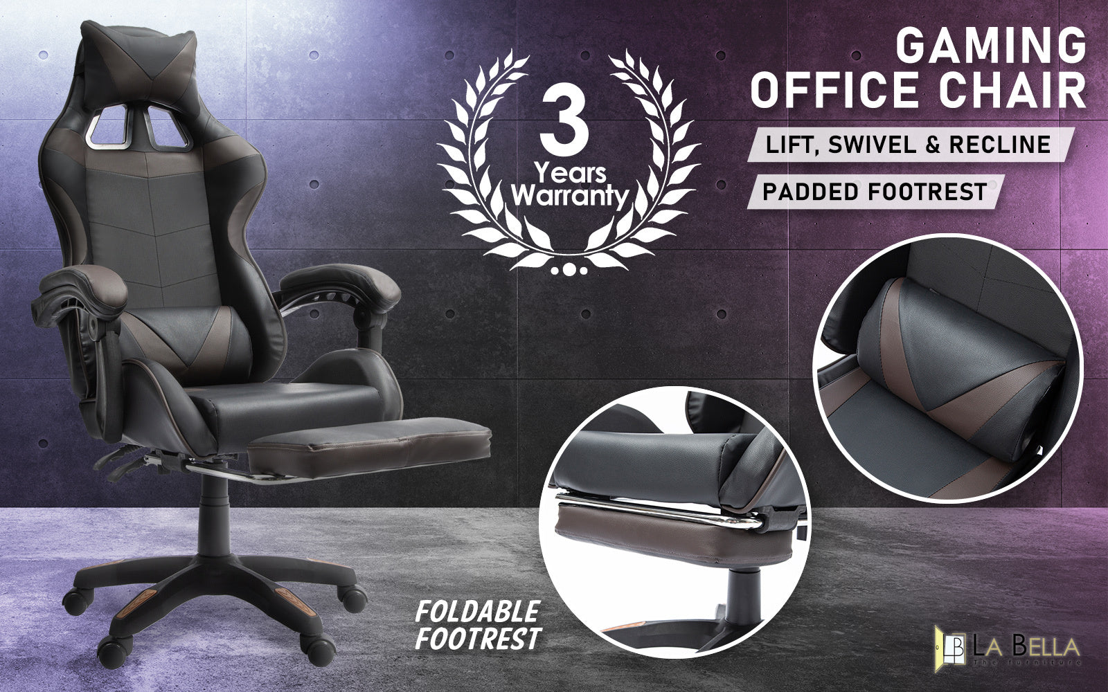 La Bella Black Gaming Office Chair Epic Ergonomic Racing Footrest