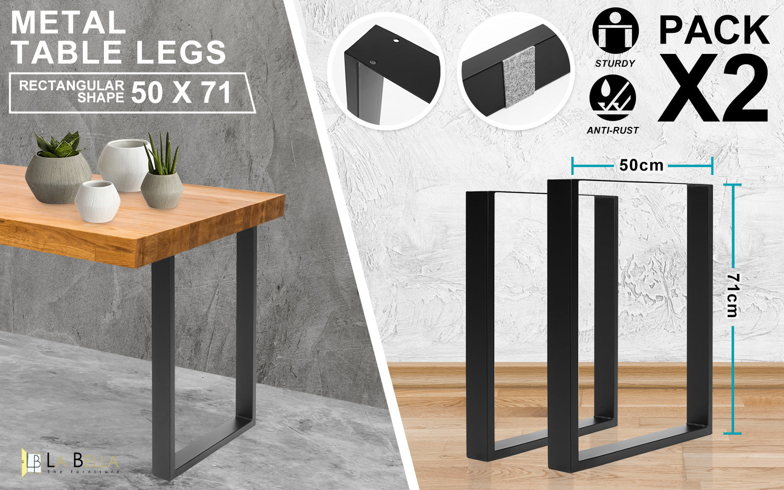 La Bella 2 Set 50 x 71cm Black Coffee Dining Table Legs Bench Box DIY Steel Metal Industrial