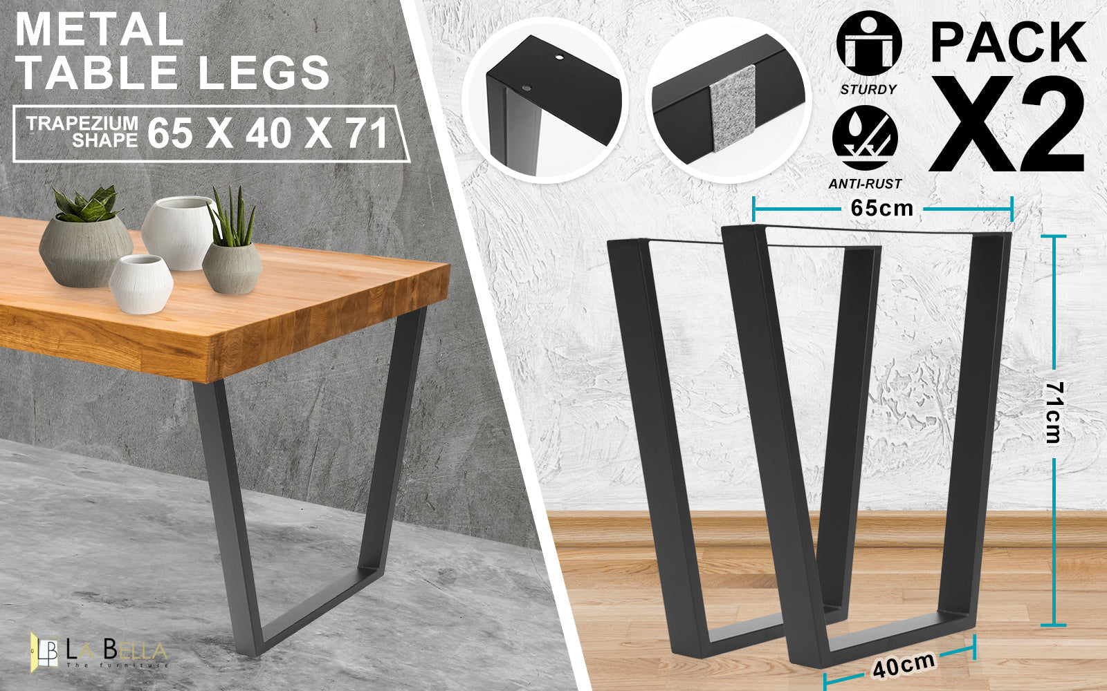 La Bella 2 Set 65 x 40 x 71cm Black Coffee Dining Table Legs Bench Trapezium DIY Steel Metal