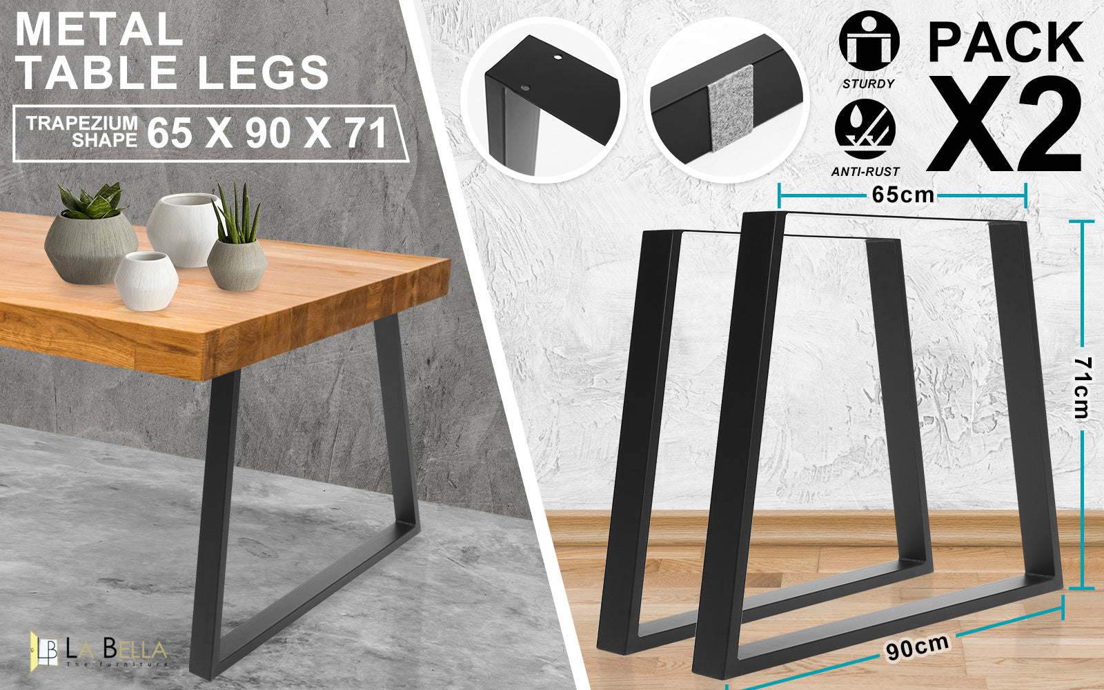 La Bella 2 Set 65 x 90 x 71cm Black Coffee Dining Table Legs Bench Trapezium DIY Steel Metal