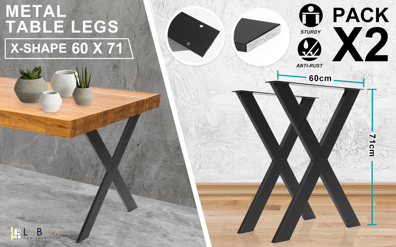 La Bella 2 Set 60 x 71cm Black Coffee Dining Table Legs Bench X-Shape DIY Steel Metal Industrial