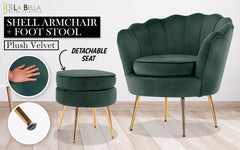 La Bella Shell Scallop Green Armchair Accent Chair Velvet + Round Ottoman Footstool