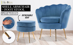 La Bella Shell Scallop Navy Blue Armchair Accent Chair Velvet + Round Ottoman Footstool