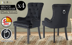 La Bella 4 Set Black French Provincial Dining Chair Ring Studded Lisse Velvet Rubberwood