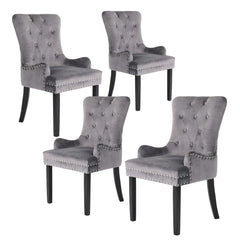 La Bella 4 Set Grey French Provincial Dining Chair Ring Studded Lisse Velvet Rubberwood