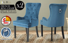 La Bella 2 Set Navy Blue French Provincial Dining Chair Ring Studded Lisse Velvet Rubberwood
