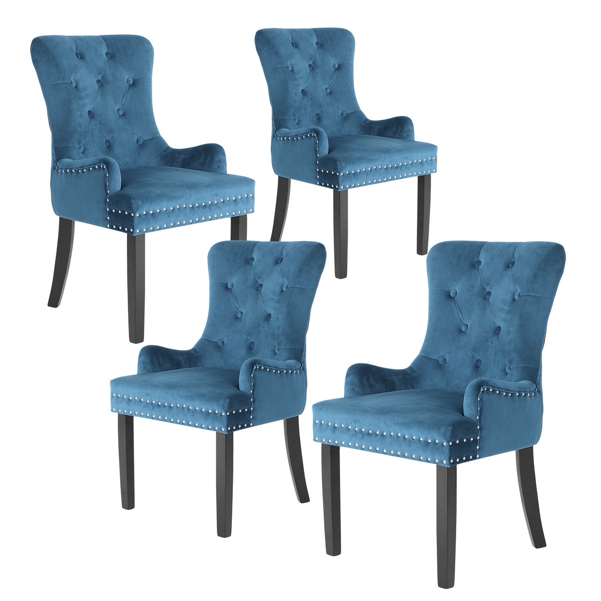 La Bella 4 Set Navy Blue French Provincial Dining Chair Ring Studded Lisse Velvet Rubberwood