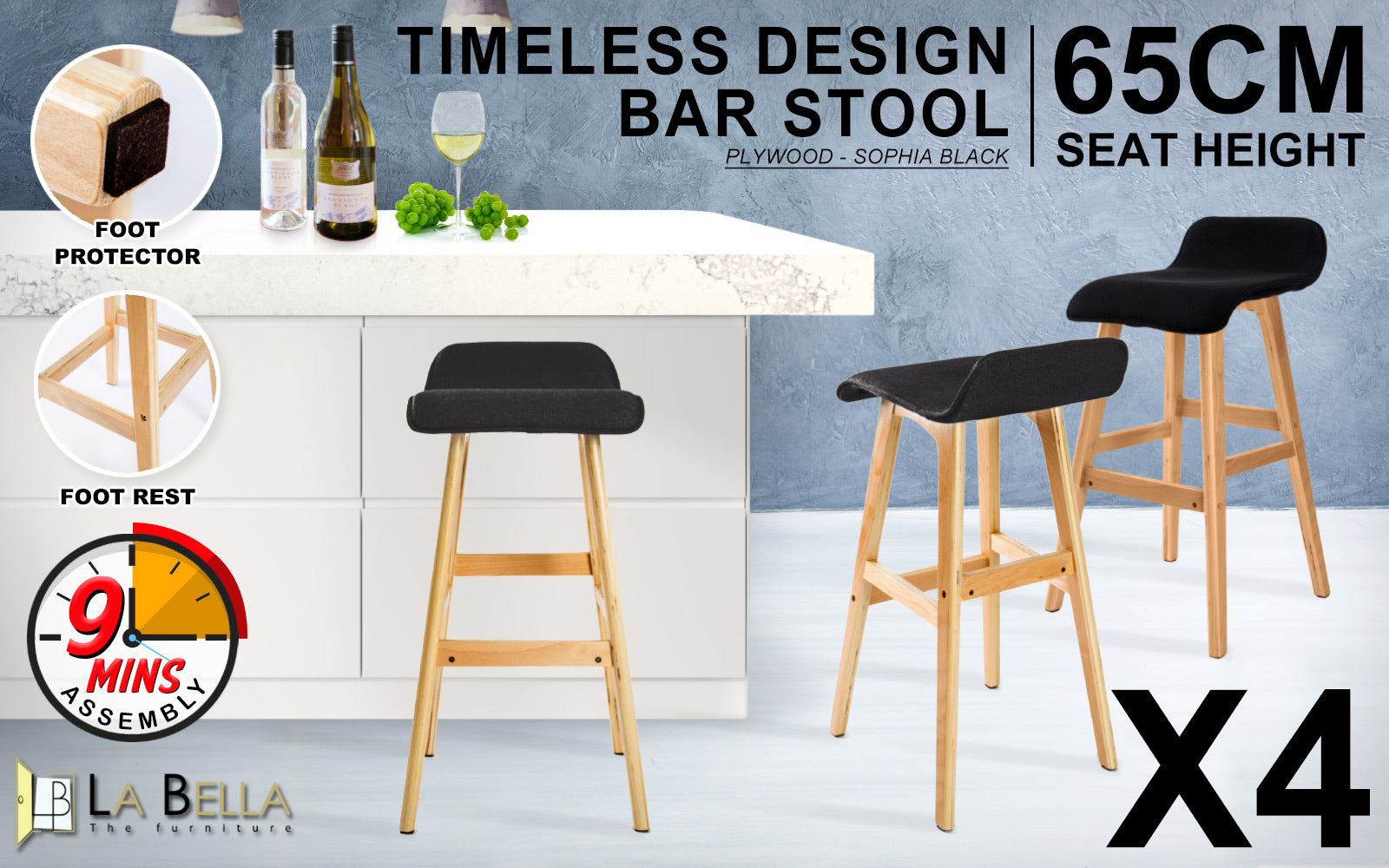 La Bella 4 Set 65cm Black Wooden Bar Stool Sophia Fabric