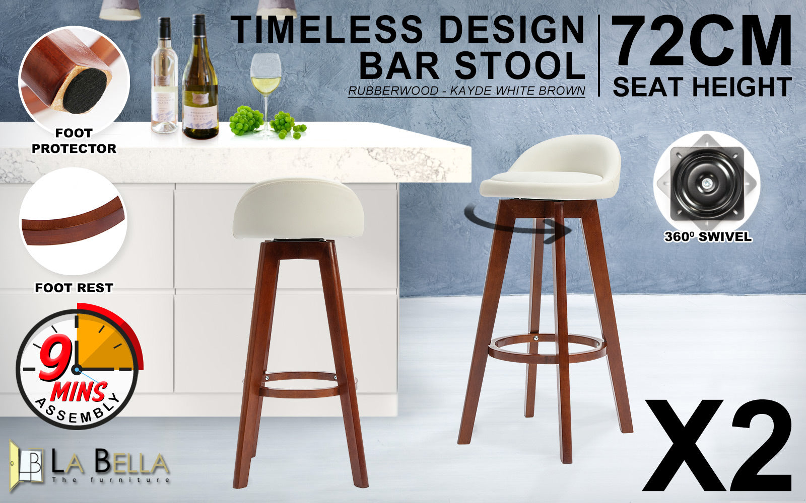 La Bella 2 Set 72cm White Brown Wooden Bar Stool Kayde Leather