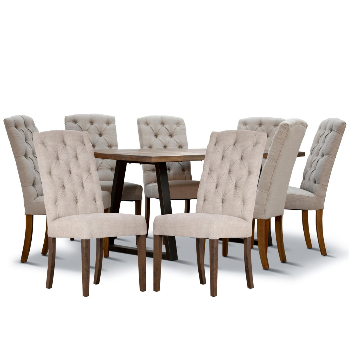 Begonia 9pc Dining Set 220cm Live Edge Table 8 Beige Fabric Chair Mango Wood