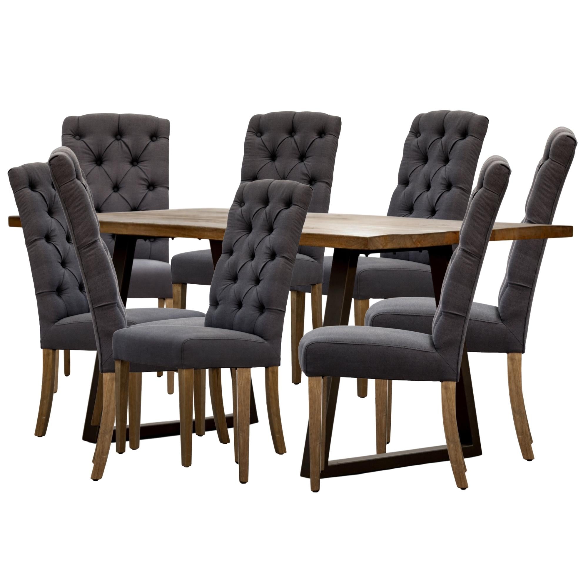 Begonia 9pc Dining Set 220cm Live Edge Table 8 Charcoal Fabric Chair Mango Wood