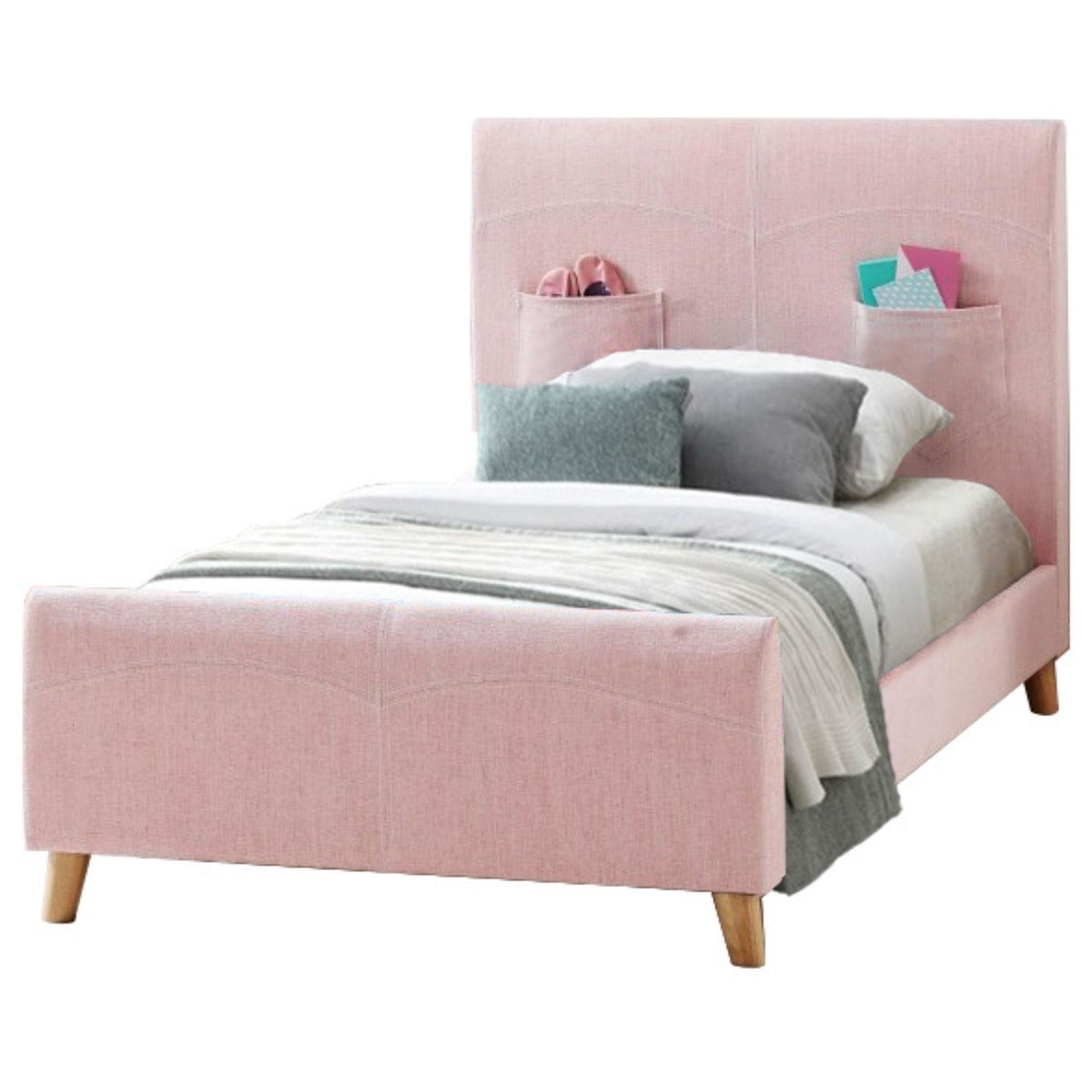Phlox Kids King Single Bed Fabric Upholstered Children Kid Timber Frame - Pink