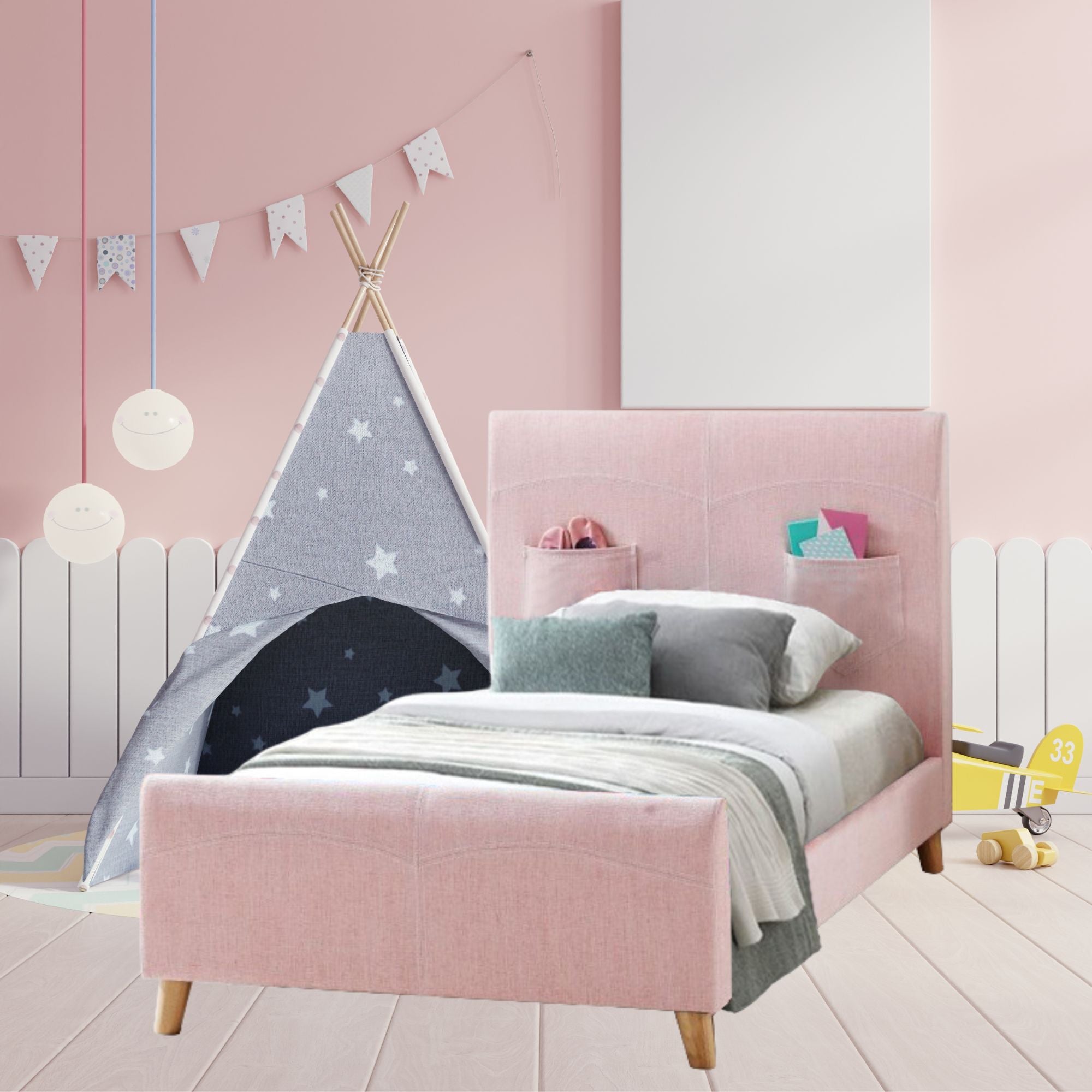 Phlox Kids King Single Bed Fabric Upholstered Children Kid Timber Frame - Pink