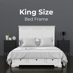 Celosia King Size Bed Frame Timber Mattress Base With Storage Drawers - White