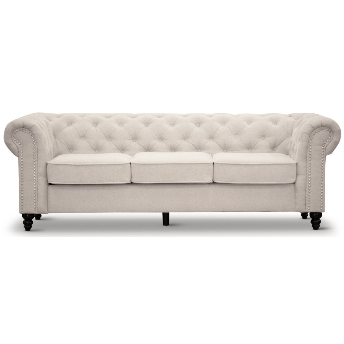 Mellowly 3 Seater Sofa Fabric Uplholstered Chesterfield Lounge Couch - Beige.