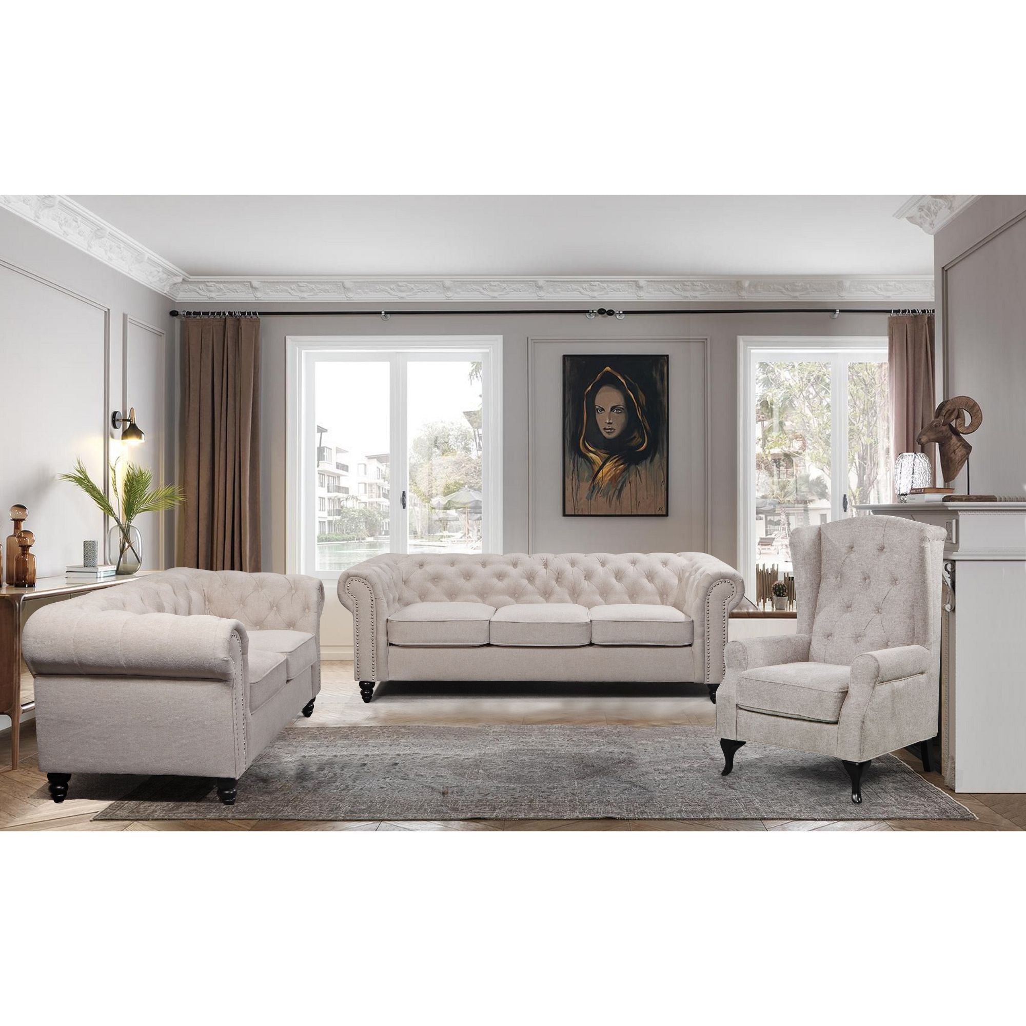 Mellowly 3 Seater Sofa Fabric Uplholstered Chesterfield Lounge Couch - Beige.