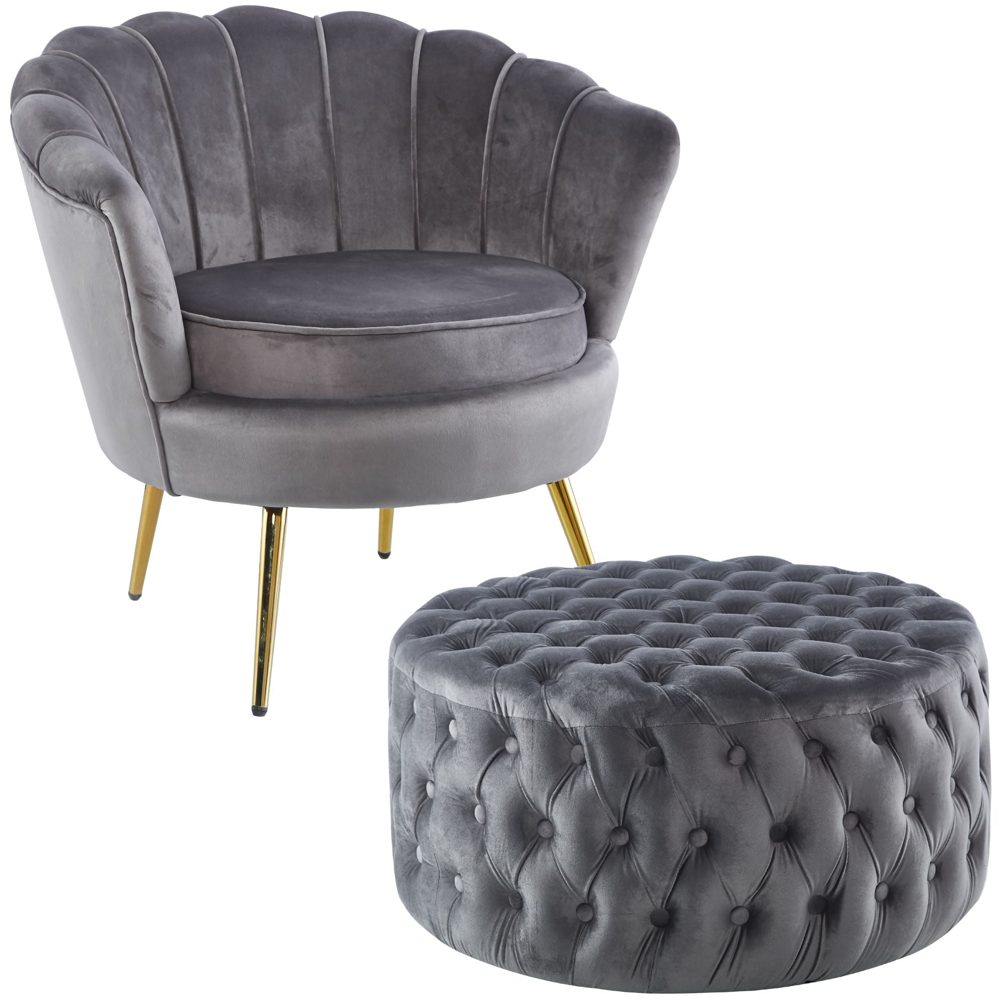 Bloomer Velvet Fabric Accent Sofa Love Chair Round Ottoman Set - Grey.