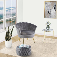 Bloomer Velvet Fabric Accent Sofa Love Chair Round Ottoman Set - Grey.