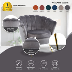 Bloomer Velvet Fabric Accent Sofa Love Chair Round Ottoman Set - Grey.