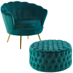 Bloomer Velvet Fabric Accent Sofa Love Chair Round Ottoman Set - Green.