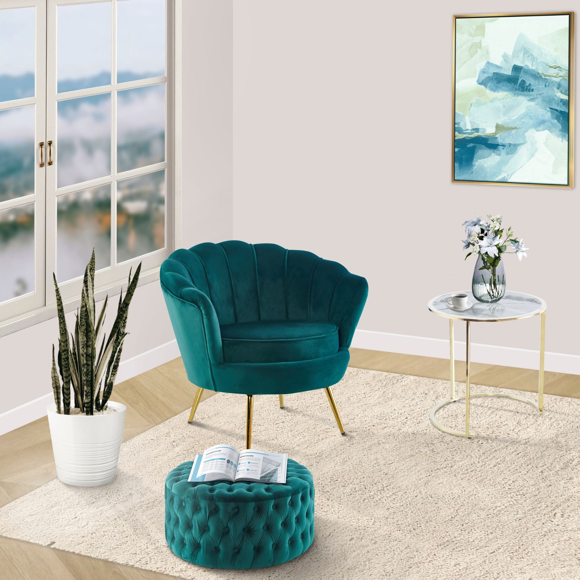 Bloomer Velvet Fabric Accent Sofa Love Chair Round Ottoman Set - Green.