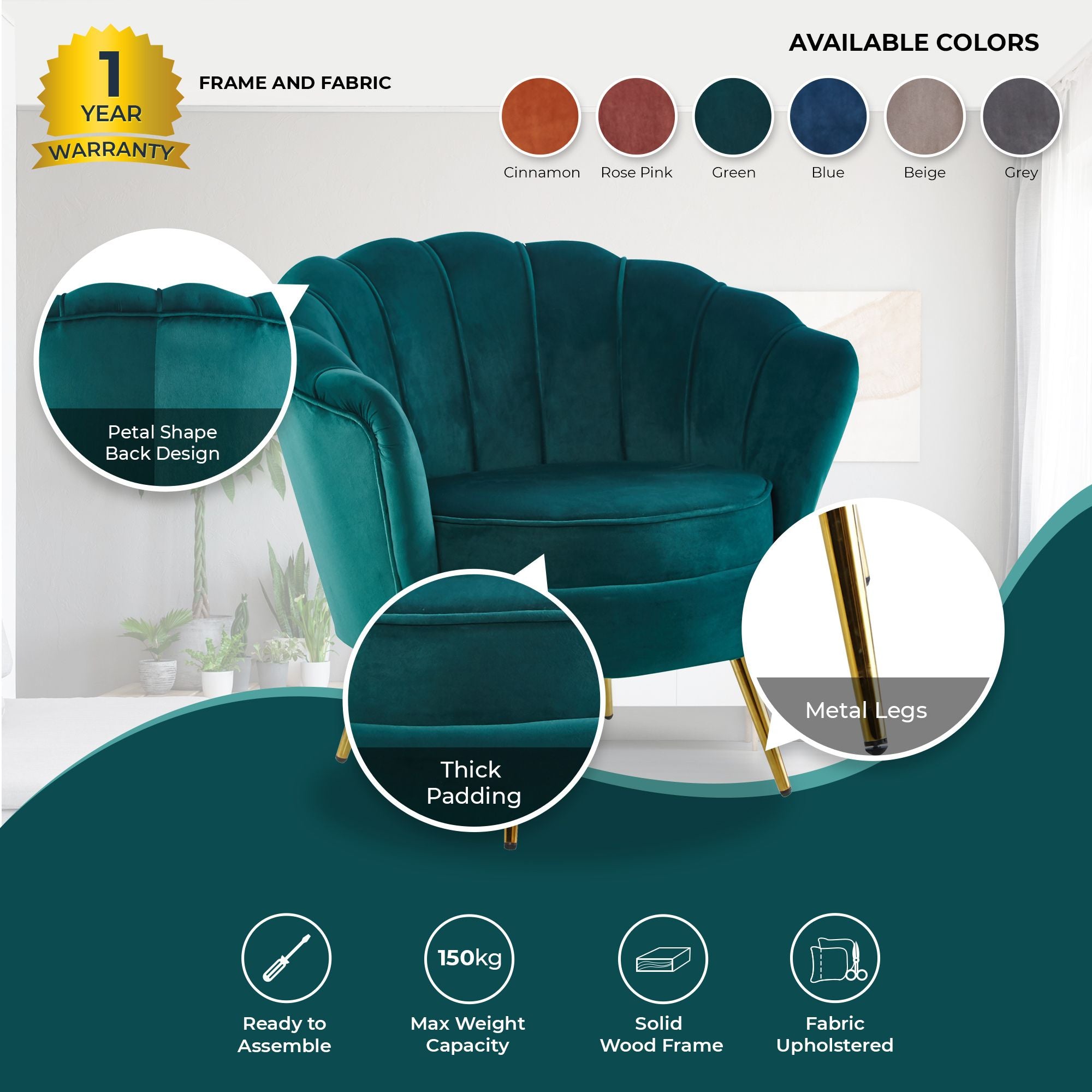 Bloomer Velvet Fabric Accent Sofa Love Chair Round Ottoman Set - Green.