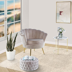 Bloomer Velvet Fabric Accent Sofa Love Chair Round Ottoman Set - Beige.