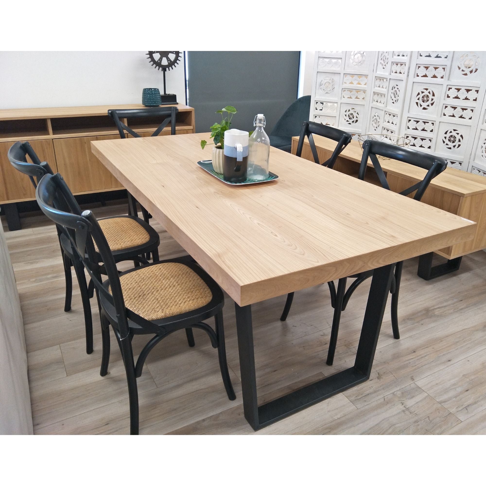 Petunia  9pc 210cm Dining Table Set 8 Cross Back Chair Elm Timber Wood Metal Leg