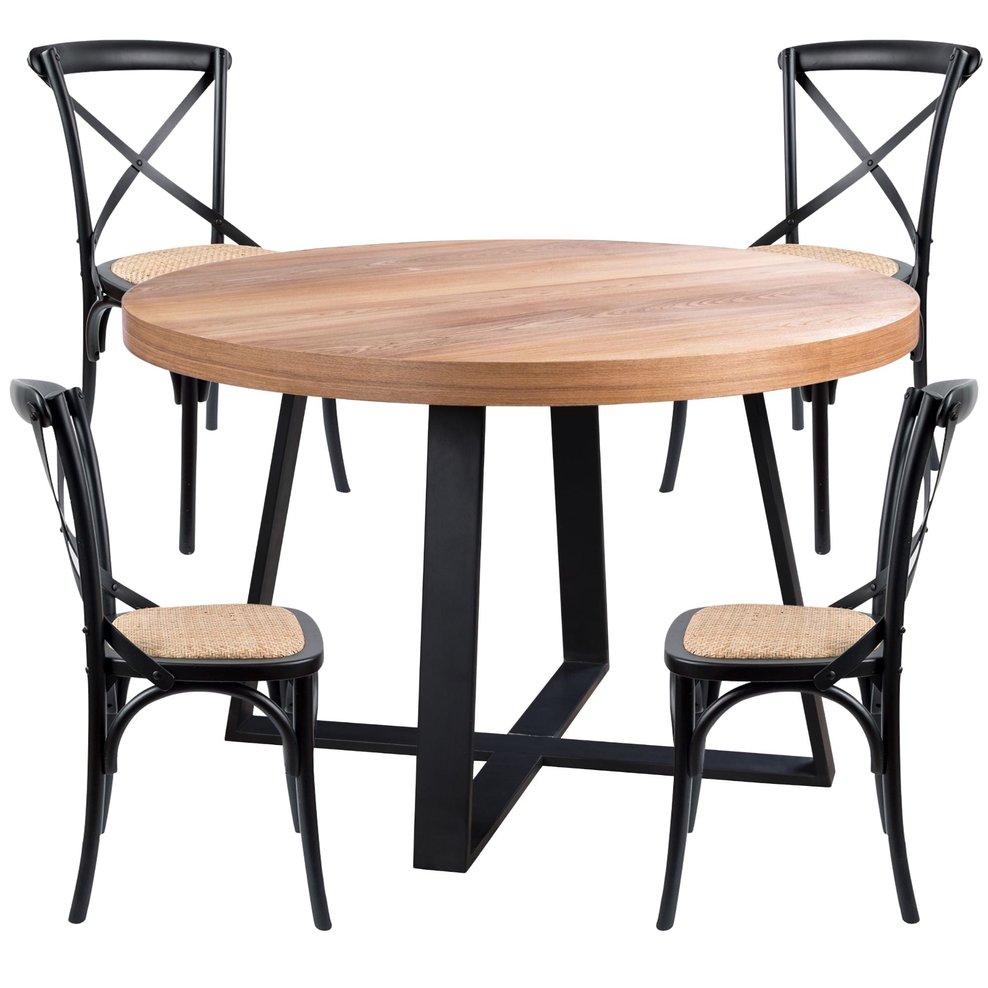 Petunia  5pc 120cm Round Dining Table Set 4 Cross Back Chair Elm Timber Wood