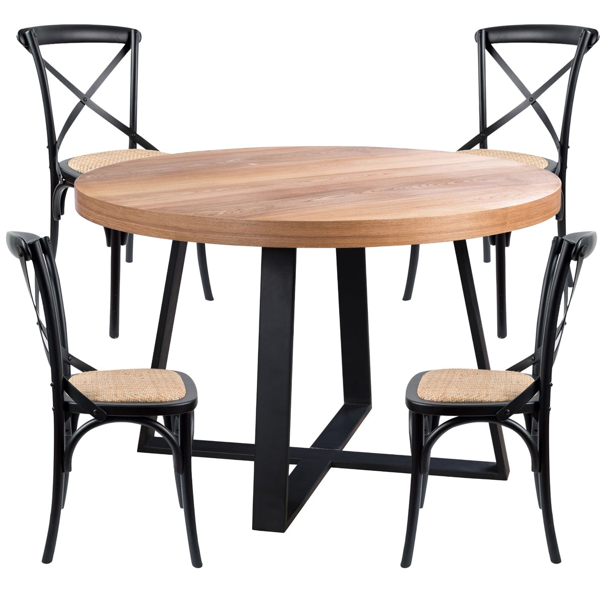 Petunia  5pc 120cm Round Dining Table Set 4 Cross Back Chair Elm Timber Wood