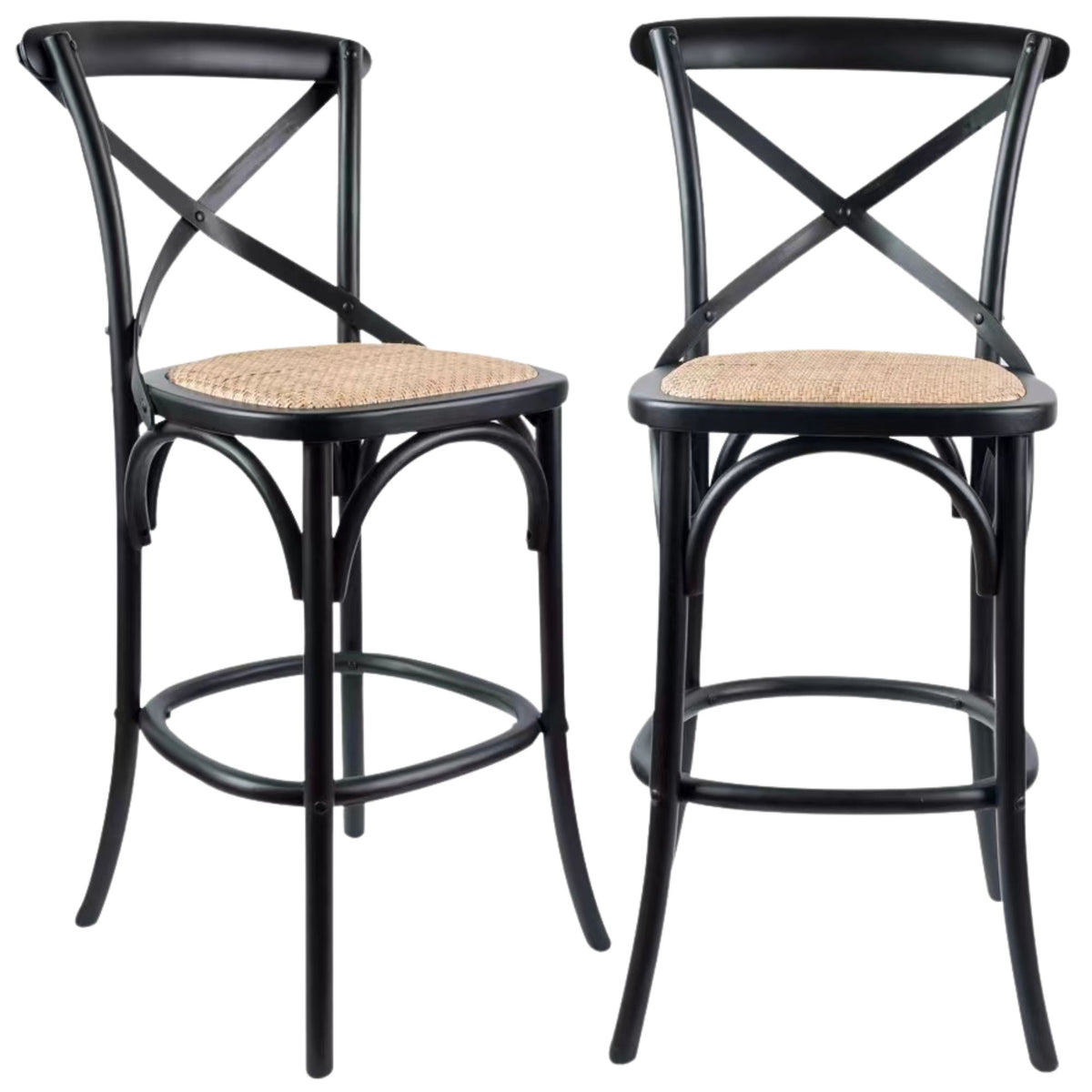 Aster 2pc Crossback Bar Stools Dining Chair Solid Birch Timber Rattan Seat Black