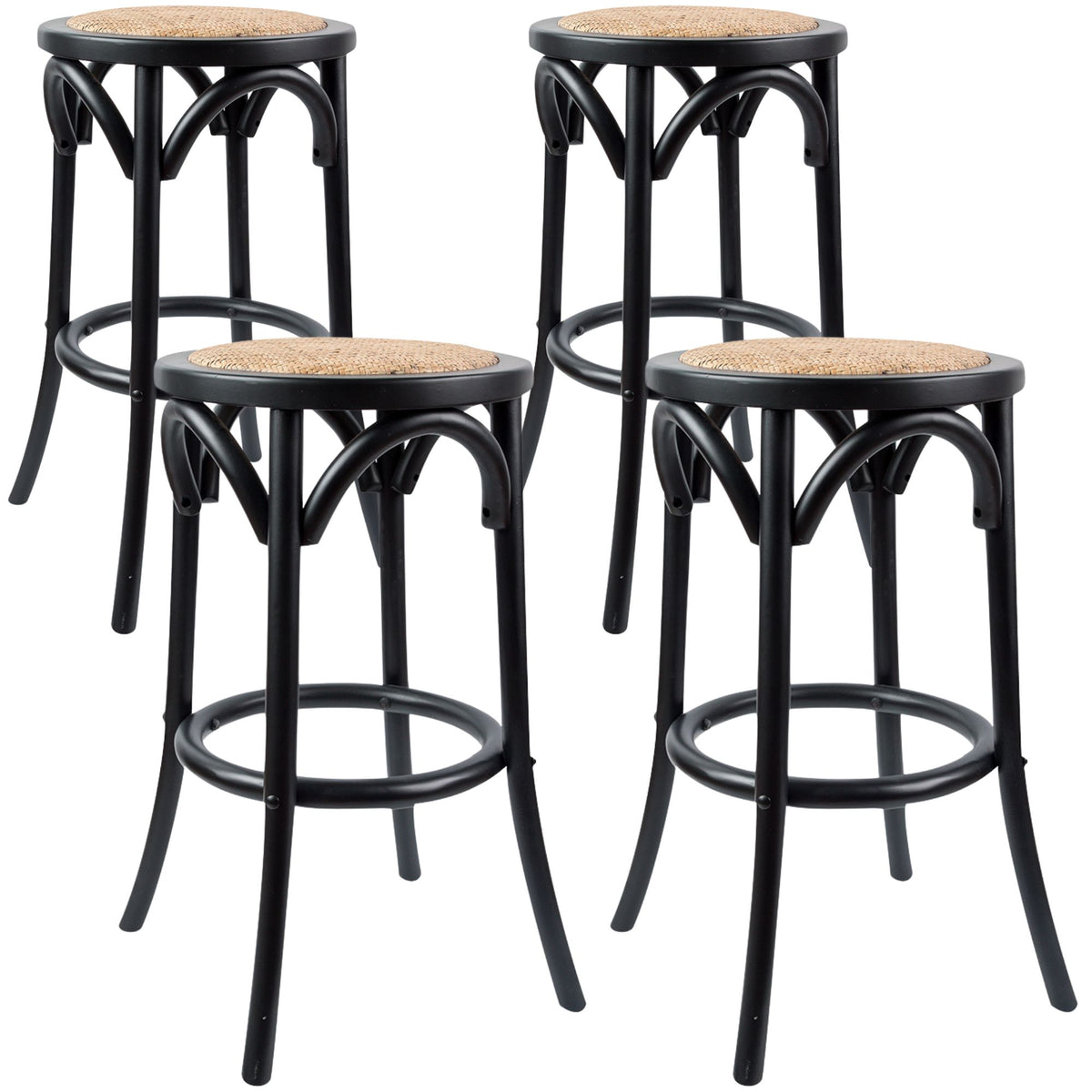 Aster 4pc Round Bar Stools Dining Stool Chair Solid Birch Wood Rattan Seat Black